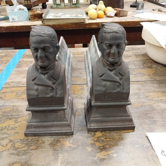 PAIR OF 19TH CENTURY CAST IRON MAN BUST  ANDIRONS