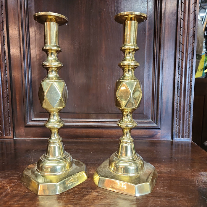 PAIR PRIMITIVE LARGE EARLY BRASS PUSHUP CANDLESTICKS