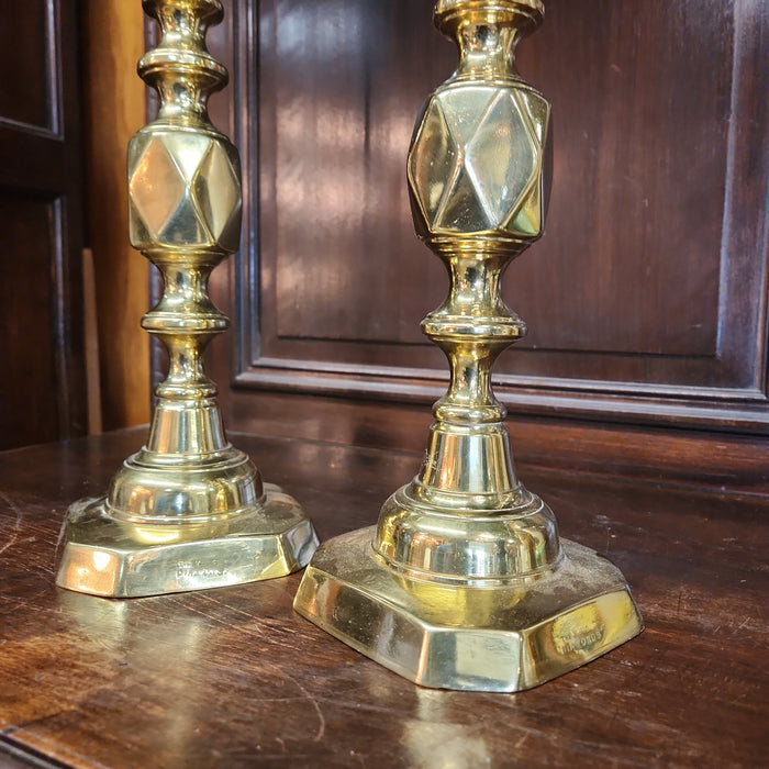 PAIR PRIMITIVE LARGE EARLY BRASS PUSHUP CANDLESTICKS