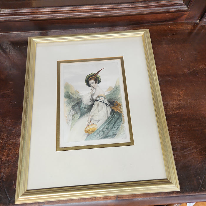 HAND COLORED LADY ETCHING IN GILT FRAME