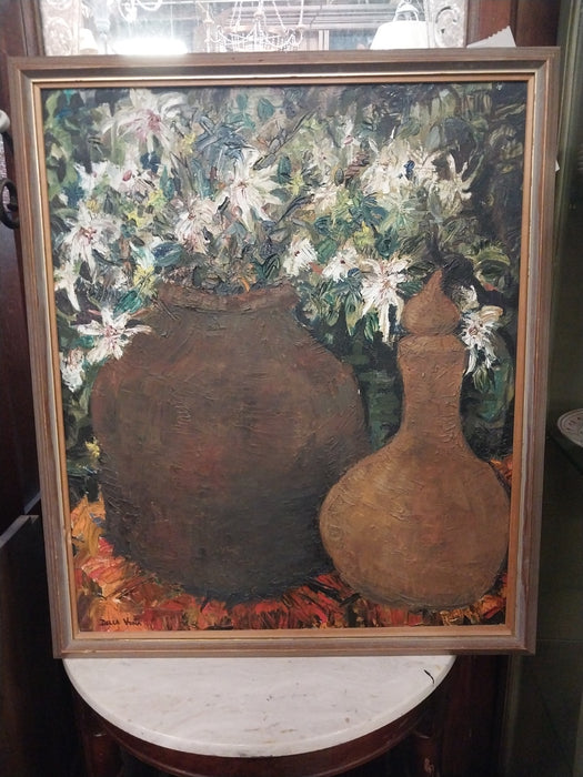 STILL LIFE OIL PAINTING WITH POTTERY VESSELS WITH WHITE LILIE BY DELLA VONA