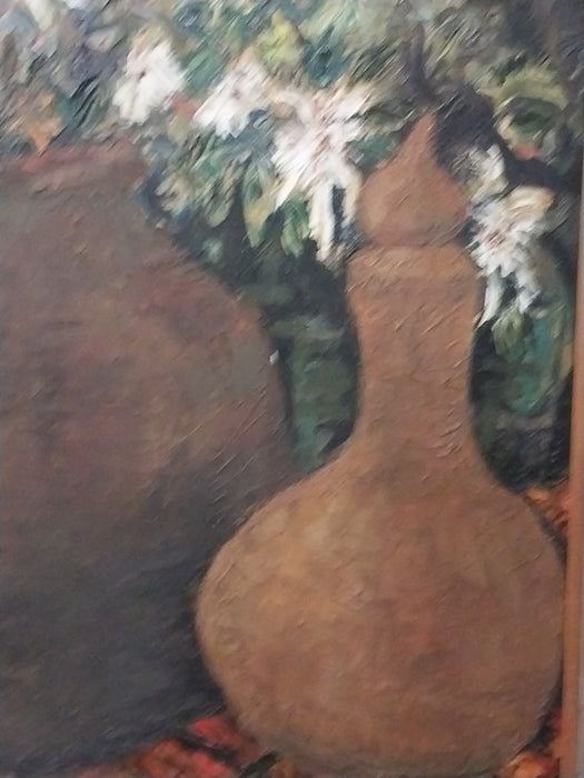 STILL LIFE OIL PAINTING WITH POTTERY VESSELS WITH WHITE LILIE BY DELLA VONA