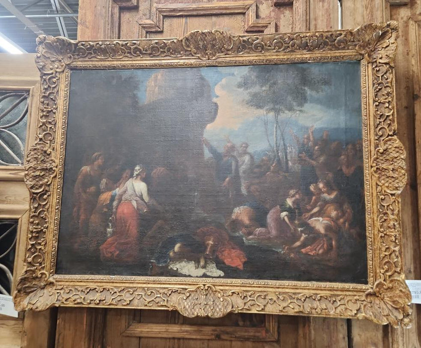 17TH CENTURY FRENCH SCHOOL LARGE OIL PAINTING OF MOSES STRIKING THE ROCK IN 19TH C. FRAME