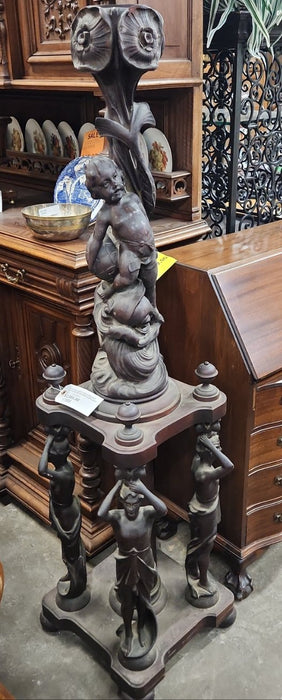 FIGURAL LADIES, DOLPHINS AND CHERUBS MAHOGANY FLOOR LAMP