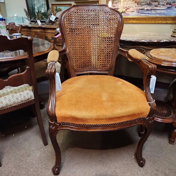 CANED BACK LOUIS XVI BERGERE WITH ORANGE UPHOLSTERY