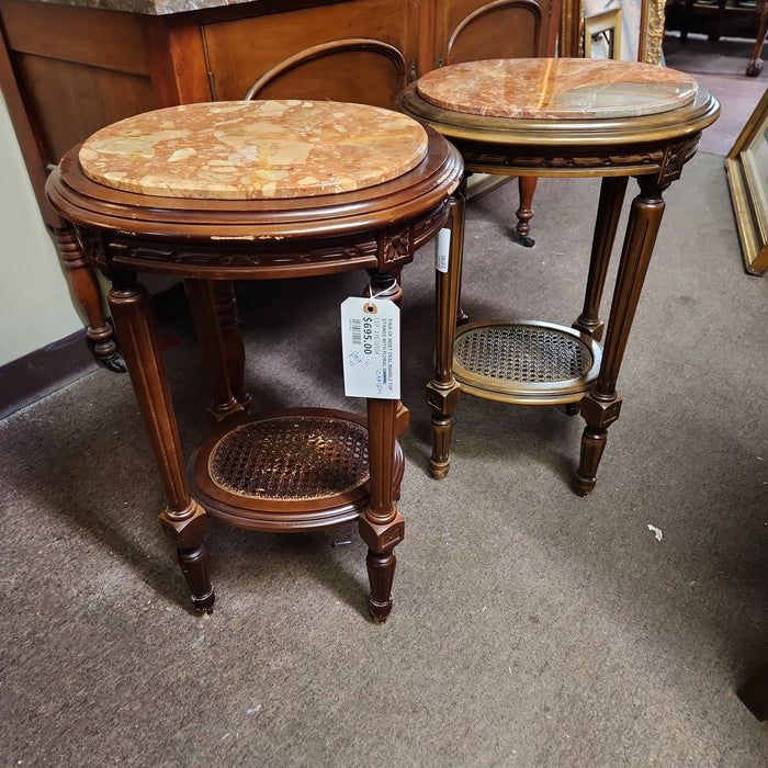 PAIR OF INSET OVAL MARBLE TOP STANDS WITH FLORAL CARVING AND CANING