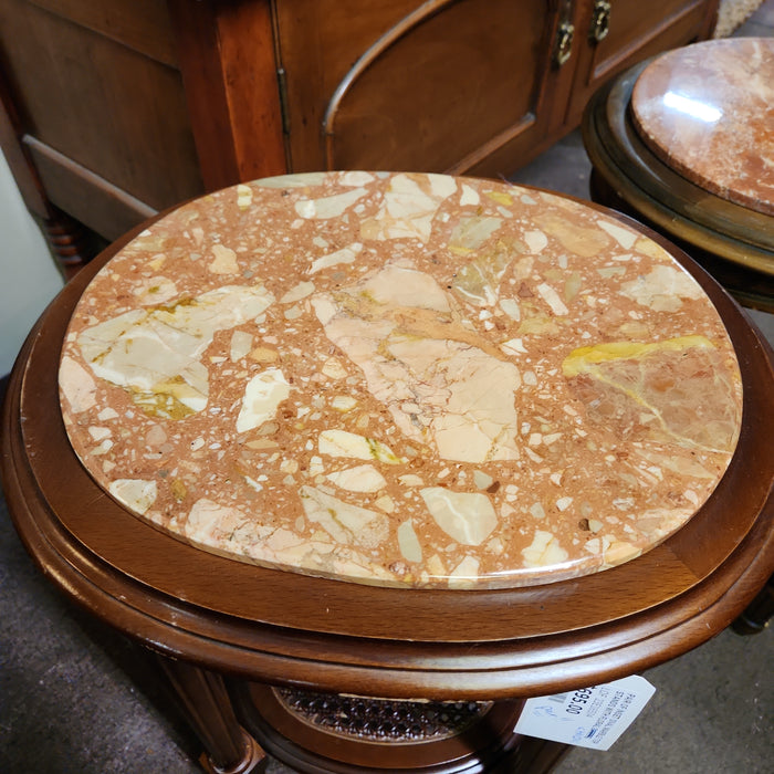 PAIR OF INSET OVAL MARBLE TOP STANDS WITH FLORAL CARVING AND CANING