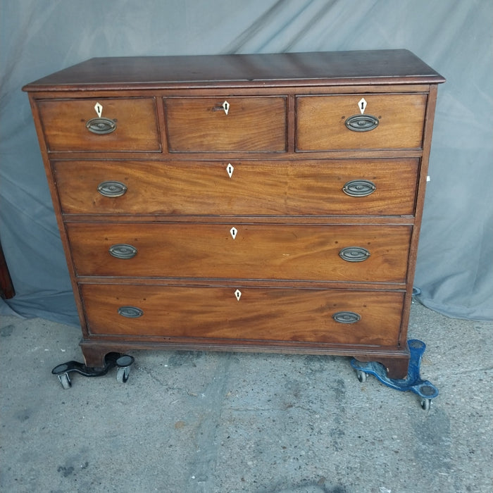 EARLY ENGLISH MAHOGANY CHEST WITH INLAID ESCUTCHEONS