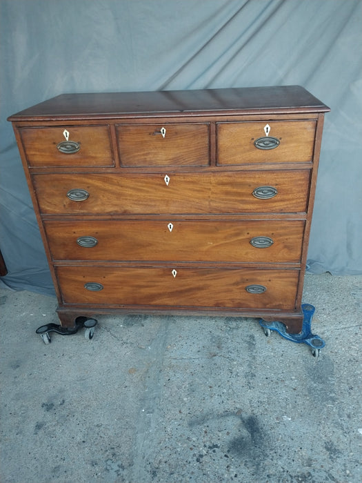 EARLY ENGLISH MAHOGANY CHEST WITH INLAID ESCUTCHEONS