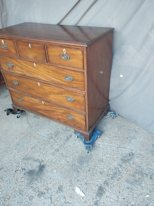 EARLY ENGLISH MAHOGANY CHEST WITH INLAID ESCUTCHEONS