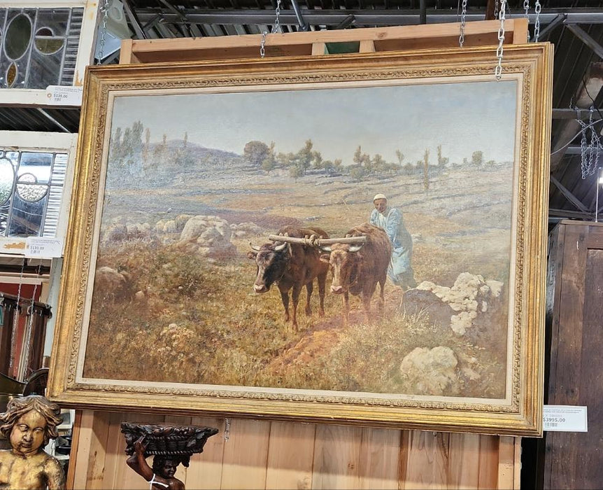 HUGE OIL PAINTING OF A TURKISH FARMER PLOWING THE FIELDS BY EDWARD MILLS