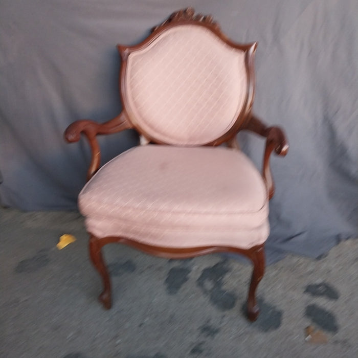 MAHOGANY SHIELD BACK ARM CHAIR WITH CARVED ROSES AND PINK UPHOLSTERY