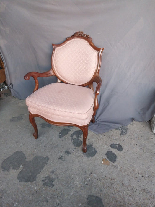 MAHOGANY SHIELD BACK ARM CHAIR WITH CARVED ROSES AND PINK UPHOLSTERY