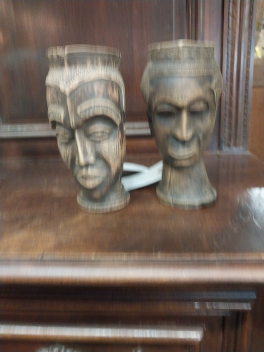 PAIR OF AFRICAN CARVED WOOD FACE MUGS