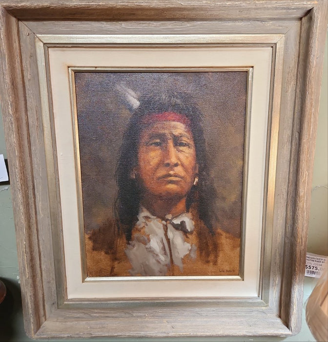 INDIAN CHEIF OIL PAINTING IN DISTRESSED FRAME BY LILA JUNE