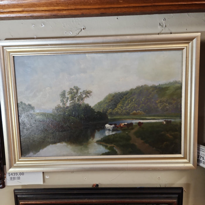 19TH CENTURY BUCOLIC OIL PAINTING WITH COWS IN SILVER FRAME