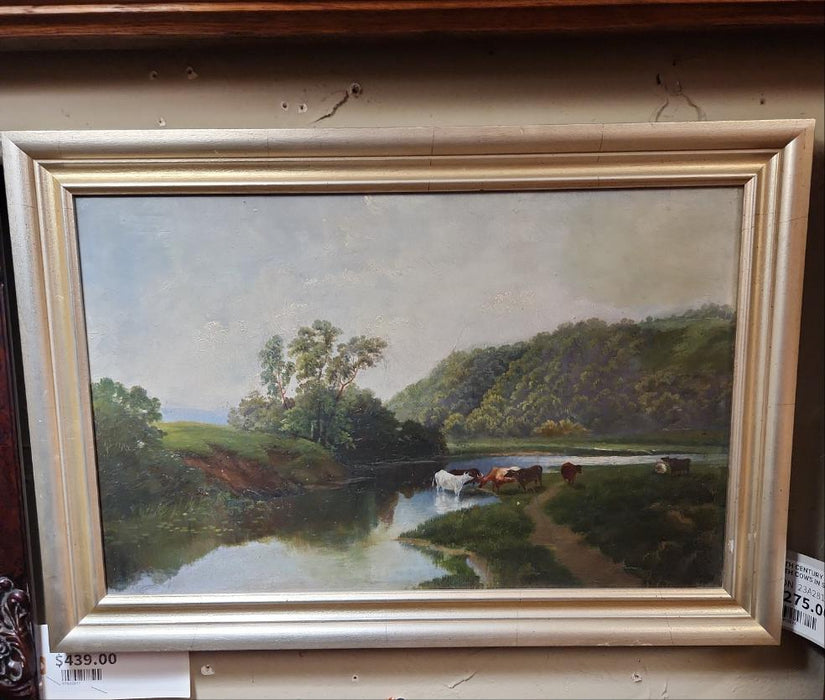 19TH CENTURY BUCOLIC OIL PAINTING WITH COWS IN SILVER FRAME