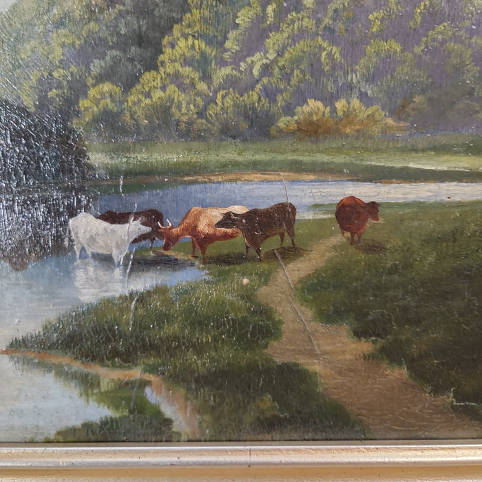 19TH CENTURY BUCOLIC OIL PAINTING WITH COWS IN SILVER FRAME