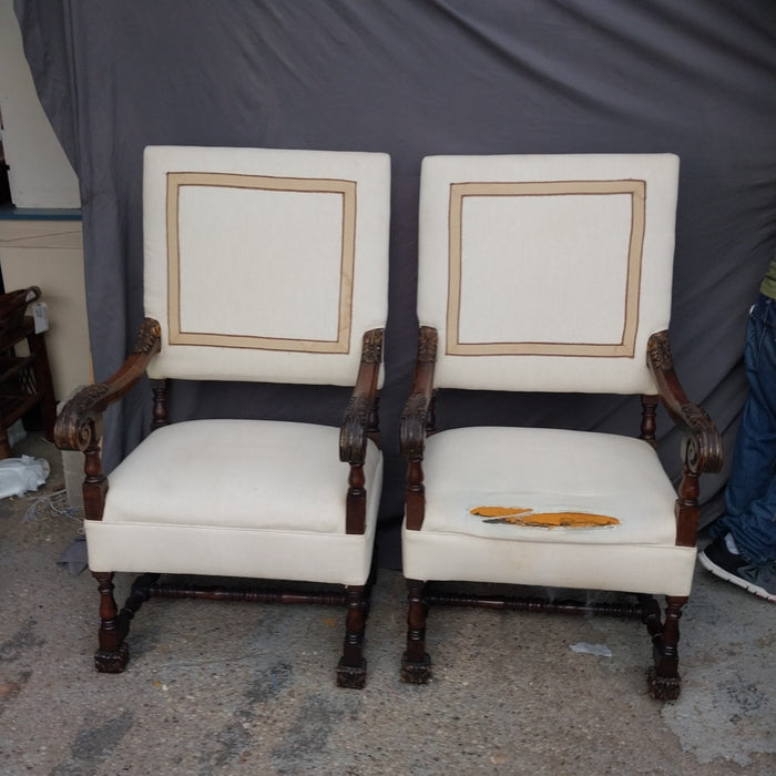 PAIR OF ITALIAN THRONE CHAIRS WITH FEATHER CARVED ARMS