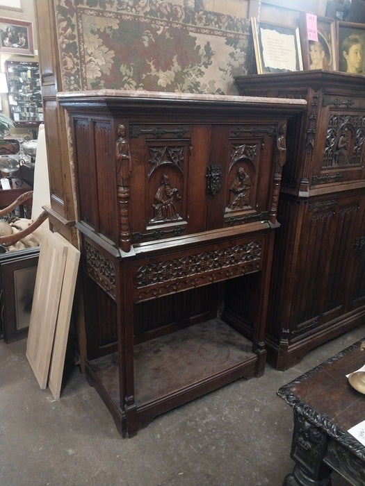 MARBLE TOP GOTHIC OAK TRACERY CARVED CREDENCE CABINET