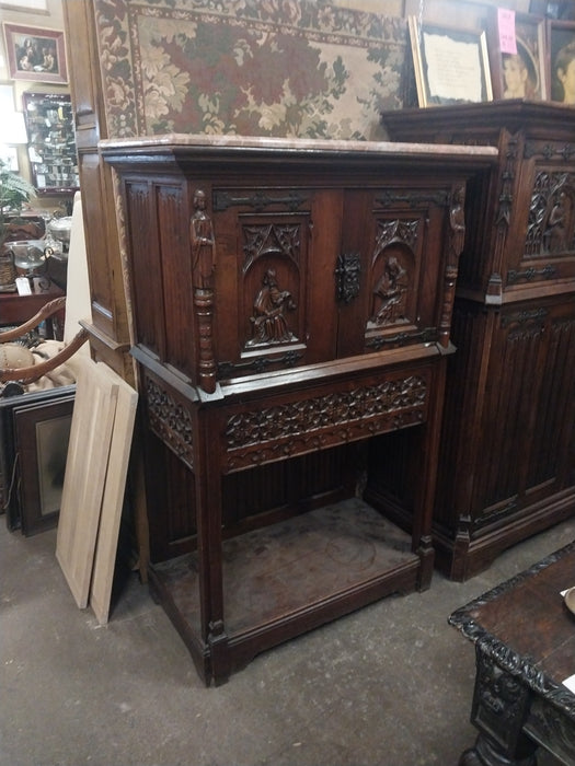 MARBLE TOP GOTHIC OAK TRACERY CARVED CREDENCE CABINET