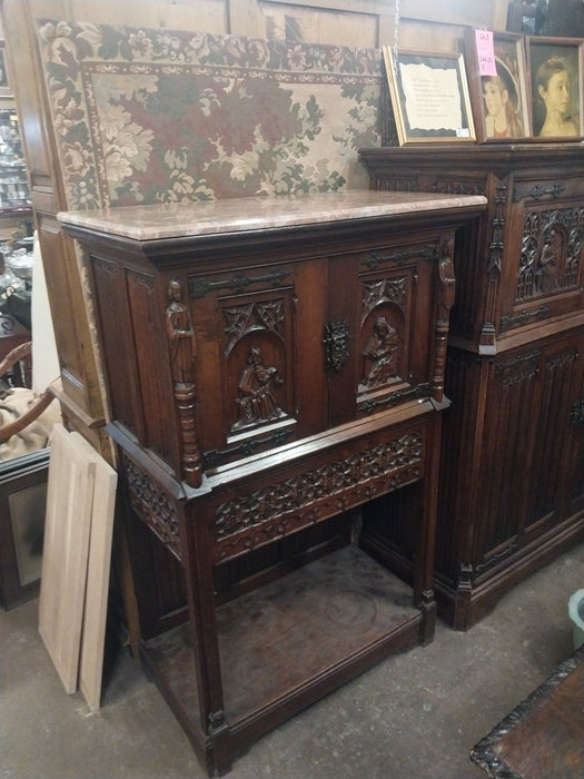 MARBLE TOP GOTHIC OAK TRACERY CARVED CREDENCE CABINET