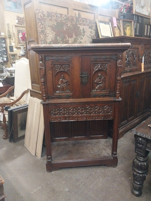 MARBLE TOP GOTHIC OAK TRACERY CARVED CREDENCE CABINET