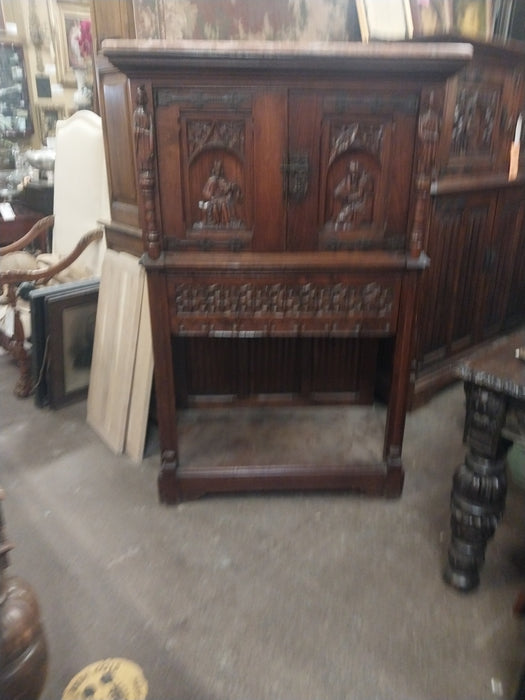 MARBLE TOP GOTHIC OAK TRACERY CARVED CREDENCE CABINET