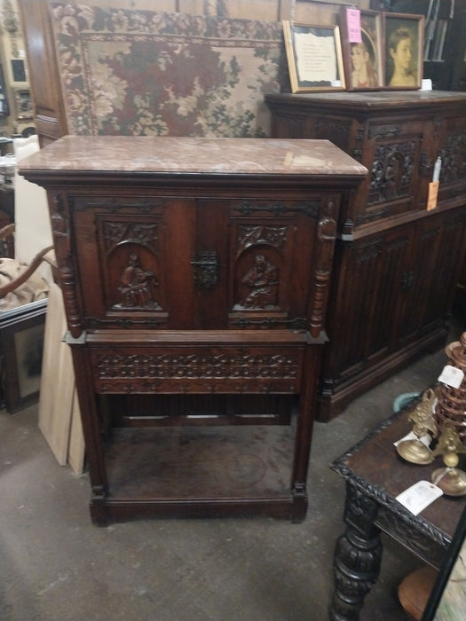 MARBLE TOP GOTHIC OAK TRACERY CARVED CREDENCE CABINET