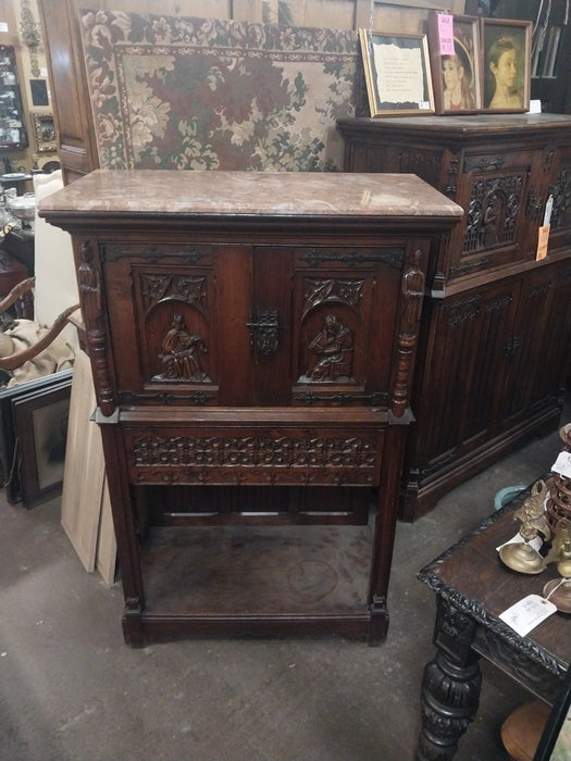 MARBLE TOP GOTHIC OAK TRACERY CARVED CREDENCE CABINET