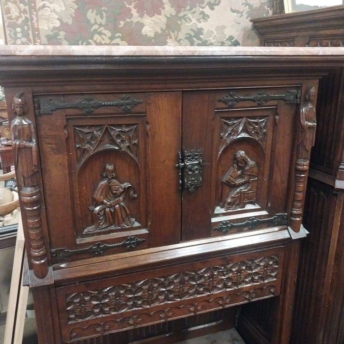 MARBLE TOP GOTHIC OAK TRACERY CARVED CREDENCE CABINET