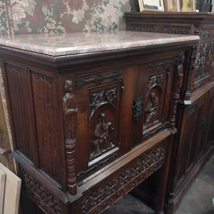 MARBLE TOP GOTHIC OAK TRACERY CARVED CREDENCE CABINET