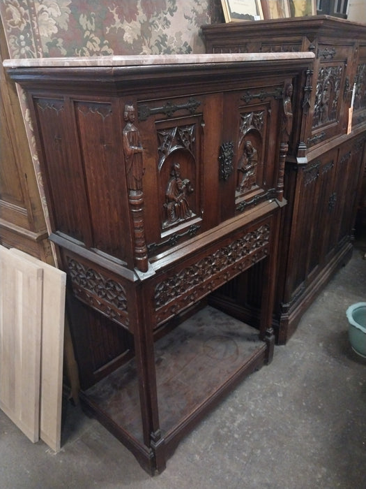 MARBLE TOP GOTHIC OAK TRACERY CARVED CREDENCE CABINET