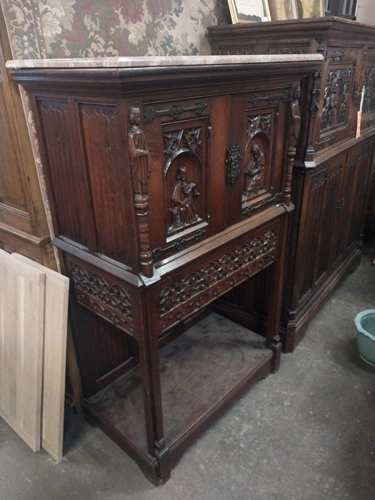 MARBLE TOP GOTHIC OAK TRACERY CARVED CREDENCE CABINET