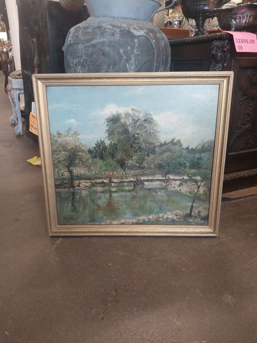 SMALL 1922 OIL PAINTING OF FISHING POND SIGNED THOMAS H CAROW