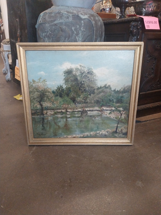 SMALL 1922 OIL PAINTING OF FISHING POND SIGNED THOMAS H CAROW