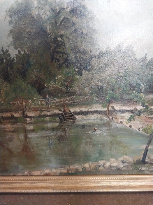 SMALL 1922 OIL PAINTING OF FISHING POND SIGNED THOMAS H CAROW