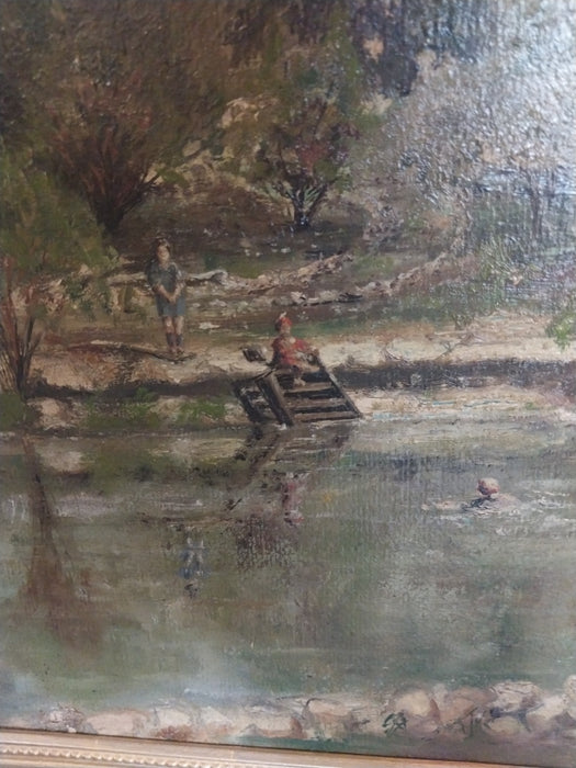 SMALL 1922 OIL PAINTING OF FISHING POND SIGNED THOMAS H CAROW