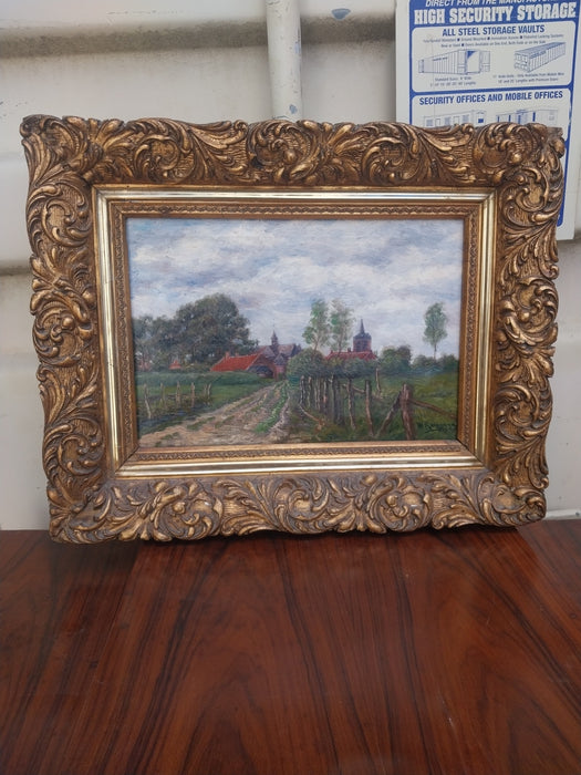 RUSTIC OIL PAINTING "CHURCH IN THE COUNTRY" IN ORNAYE GILT FRAME