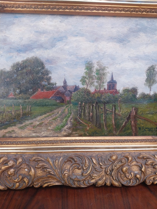 RUSTIC OIL PAINTING "CHURCH IN THE COUNTRY" IN ORNAYE GILT FRAME