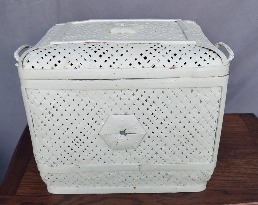 GREEN PAINTED CANE BASKET WITH LID