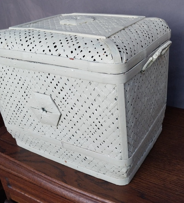 GREEN PAINTED CANE BASKET WITH LID