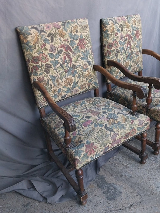 PAIR OF LOUIS XIII WALNUT FEATHER CARVED ARM CHAIRS