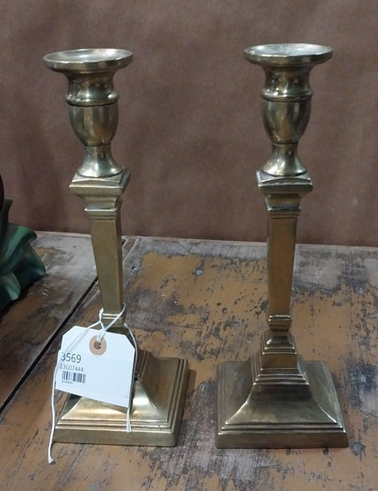 PAIR OF SQUARE BASE BRASS CANDLE STANDS