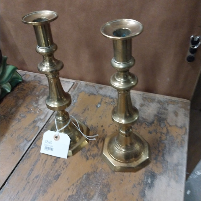 PAIR OF OCTAGON BASE BRASS CANDLE STANDS