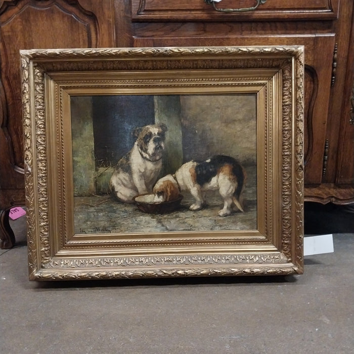 GOLD FRAMED OIL PAINTING OF 2 DOGS SIGNED MEULEN