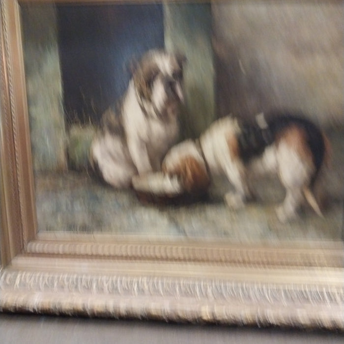 GOLD FRAMED OIL PAINTING OF 2 DOGS SIGNED MEULEN