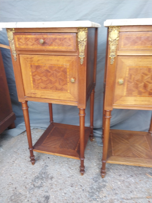 PAIR OF INLAID MARBLE TOP NIGHT STANDS