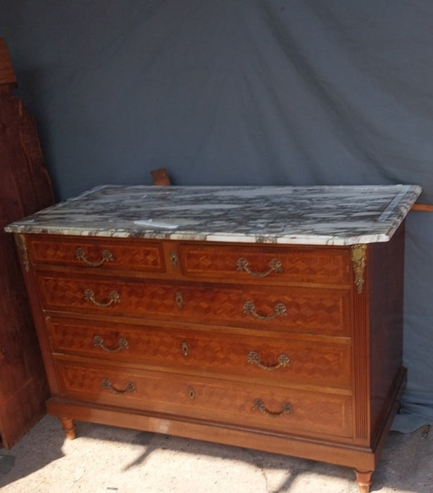 INLAID PARQUETRY FRENCH DRESSER CHEST WITH MARBLE TOP