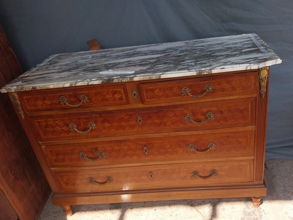 INLAID PARQUETRY FRENCH DRESSER CHEST WITH MARBLE TOP